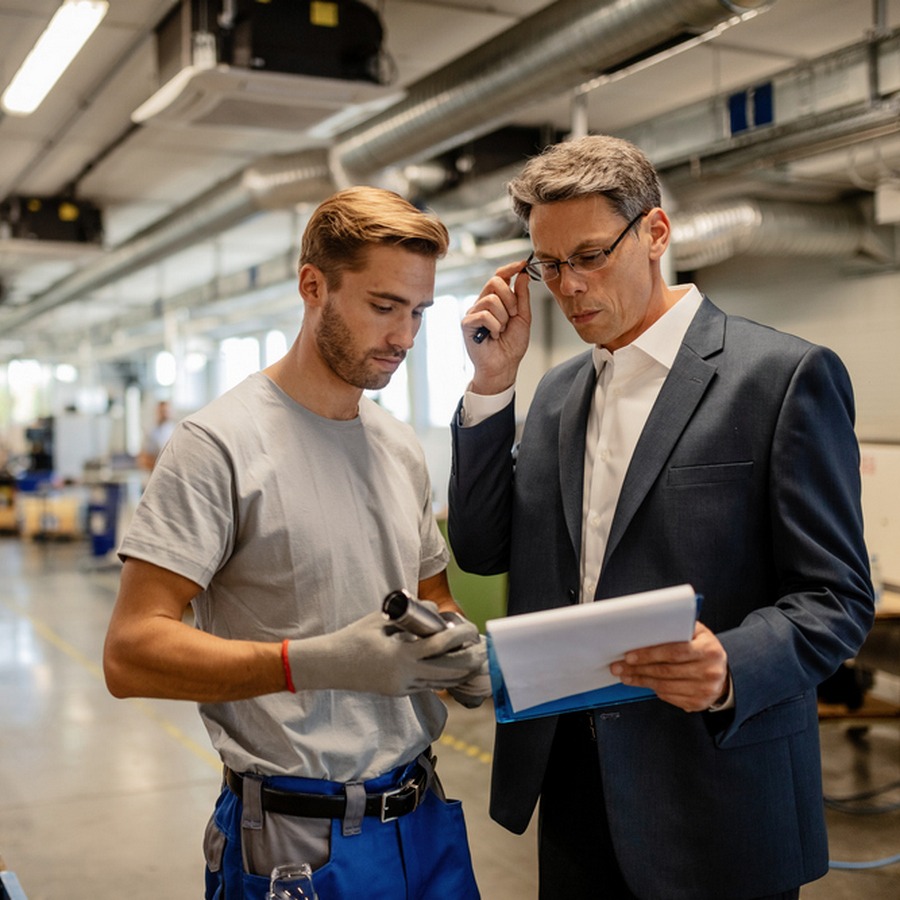 1. Two men in a factory engaged in conversation on a cell phone, one appearing to be a manager in the industrial setting. 2. In a factory, two men converse on a cell phone, with one identified as a manager overseeing industrial operations. 3. Two men discussing on a cell phone in a factory, with one depicted as a manager in an industrial environment.